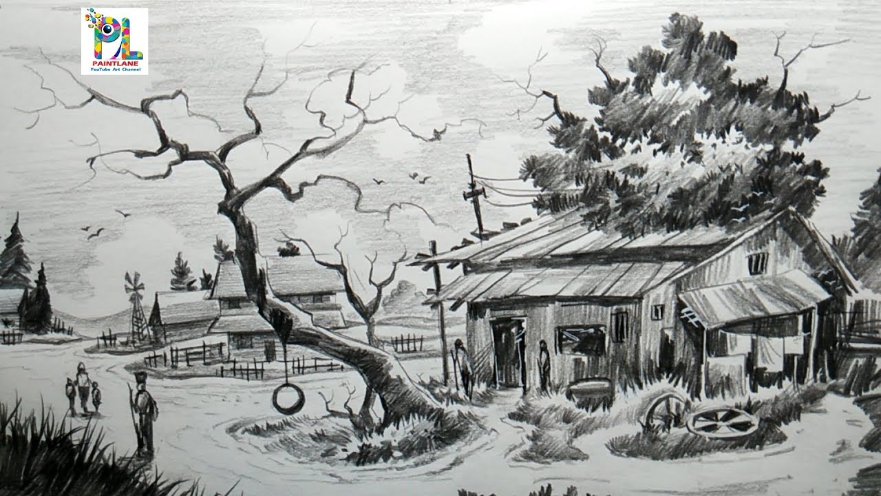 Pencil Sketch of Village Life