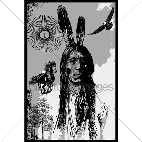 500x500 Indian Warrior, Sitting Bull Portrait Freehand Sketch, Ve... Gl - Indian Warrior Sketch