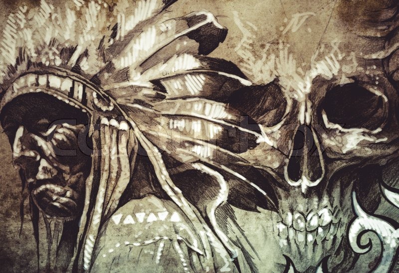 800x548 Tattoo Sketch Of American Indian Tribal Chief Warrior With Skull - Indian Warrior Sketch