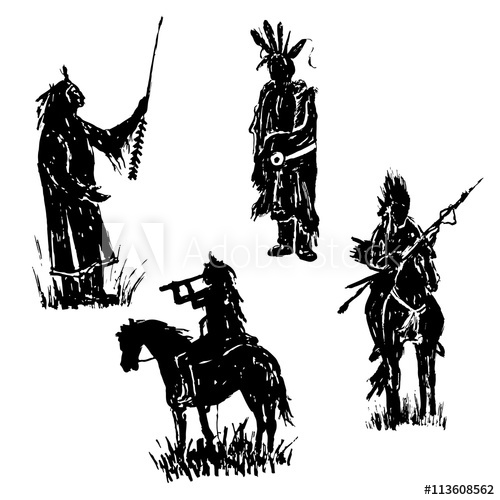 500x500 Drawing Elements Set Collection Of Isolated Figures Of American - Indian Warrior Sketch