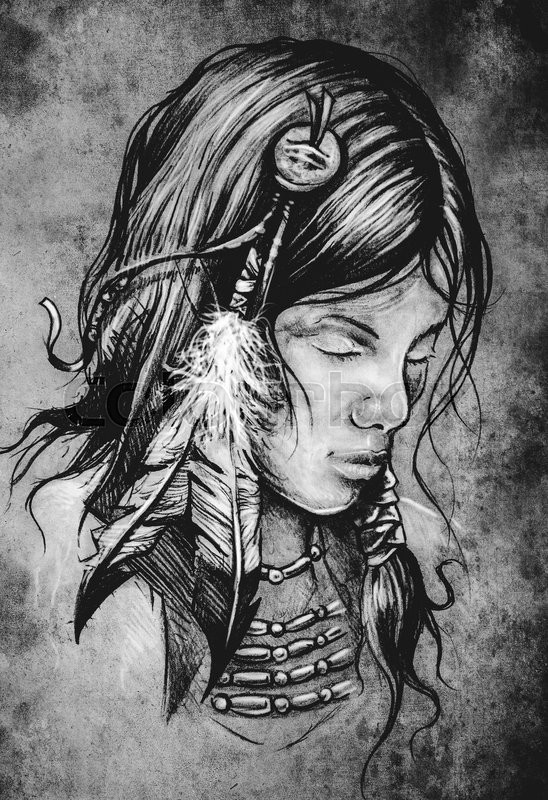 548x800 American Indian Woman, Tattoo Sketch, Handmade Design Over Vintage - Indian Woman Sketch
