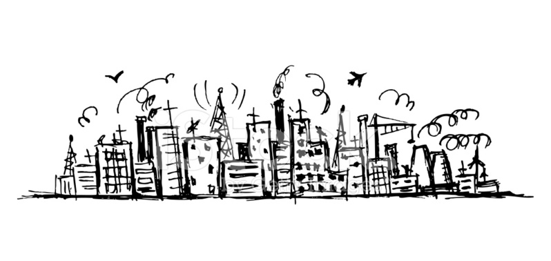 798x378 Industrial Cityscape, Sketch Drawing For Your Design Stock Vector - Industrial Sketch