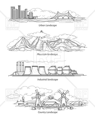 327x400 Set Of Sketch Urban, Mountain,industrial And Country Landscapes - Industrial Sketch
