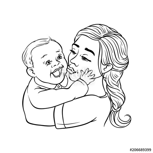 500x500 Young Mother Holding In Arms And Kissing Her Infant Child Isolated - Infant Sketch