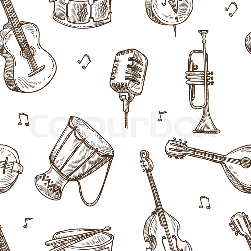 800x800 Musical Instruments And Retro Microphone Sketches In Seamless - Instrument Sketches