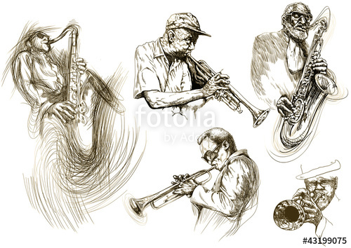 500x354 Jazz Men (Hand Drawing Collection Of Sketches) Stock Photo And - Instrument Sketches