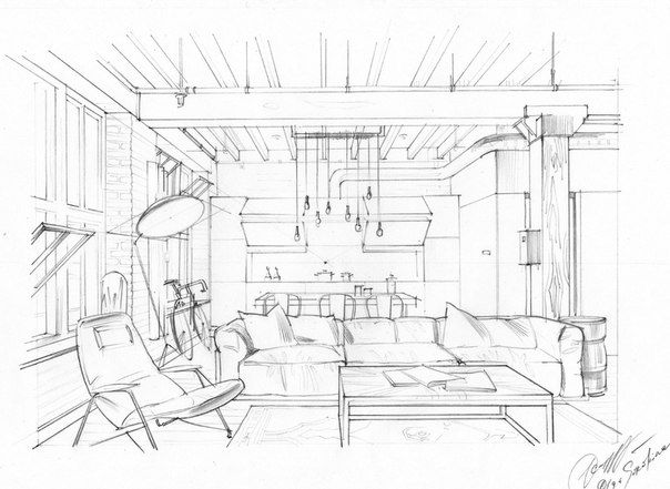 604x441 Interior Drawing. One Point Perspective. Interior Sketching, Hand - Interior Sketch