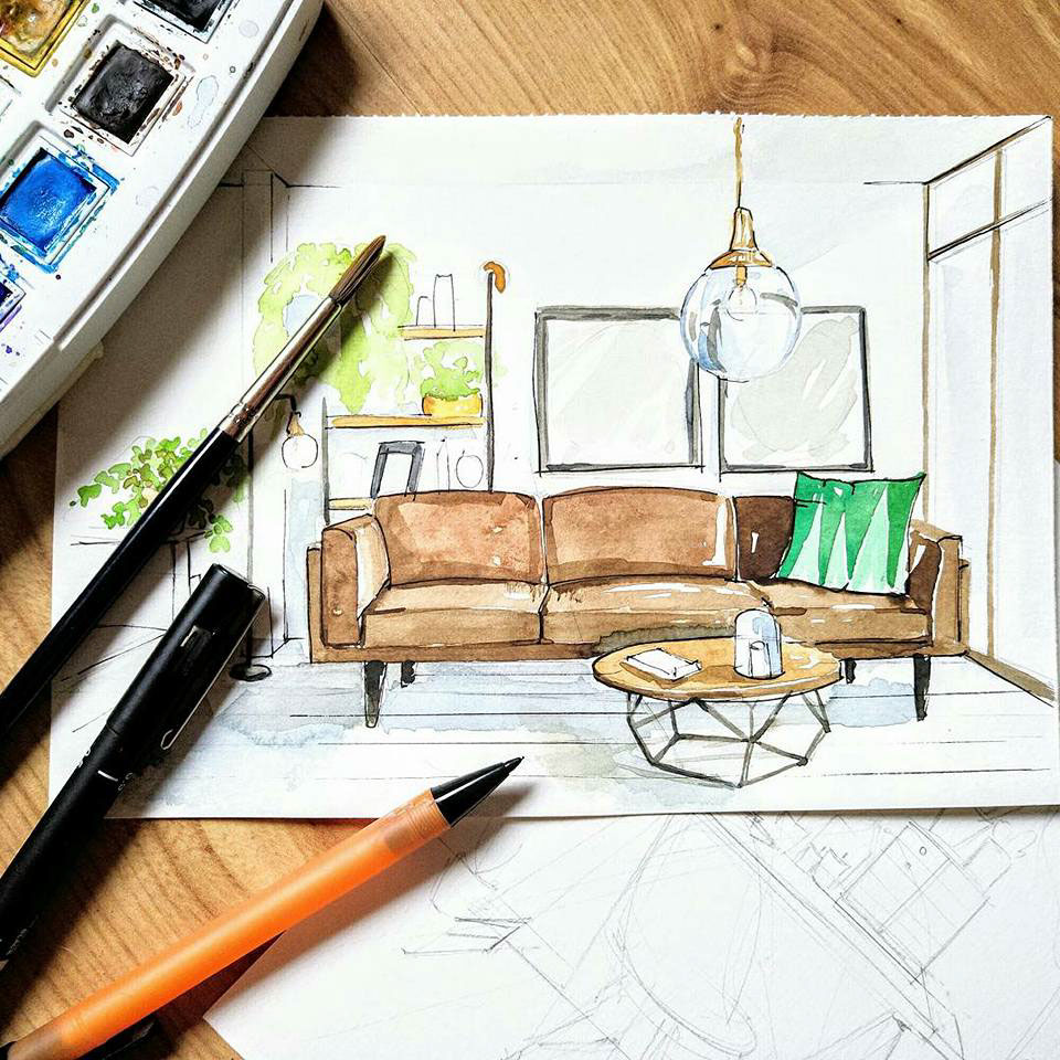 960x960 Watercolor Interior Sketches On Behance - Interior Sketch