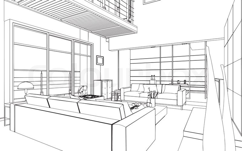 800x500 Illustration Of An Outline Sketch Of A Interior. 3d Graphical - Interior Sketch
