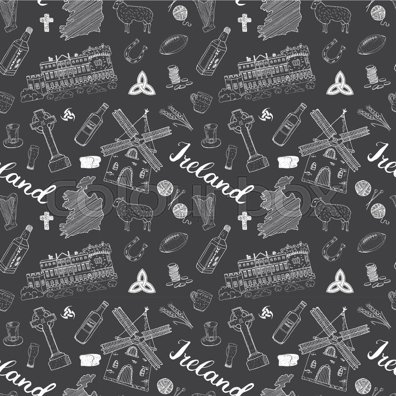 800x800 Ireland Sketch Doodles Seamless Pattern. Irish Elements With Flag - Ireland Sketch