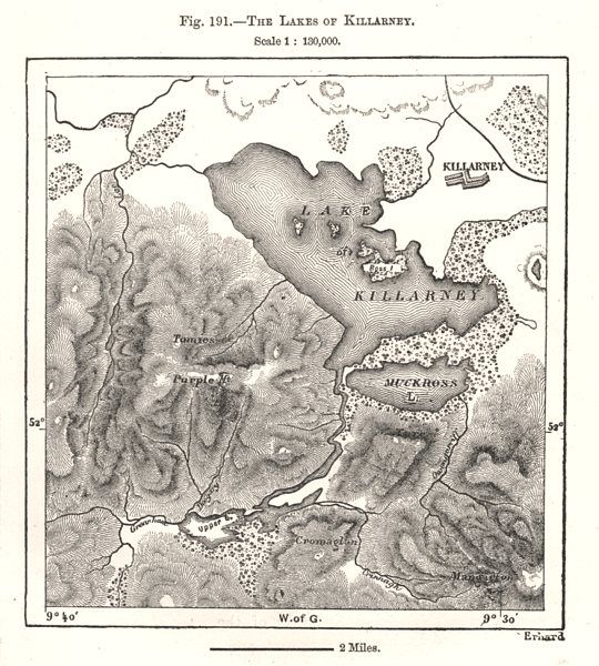 540x600 The Lakes Of Killarney. Ireland. Sketch Map 1885 Old Antique Plan - Ireland Sketch
