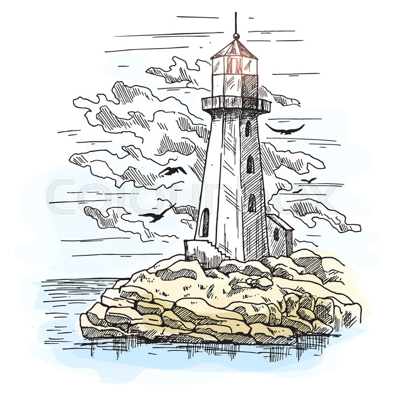 800x800 Lighthouse On Island With Rocks And Cloudy Sky With Birds. Sketch - Island Sketch