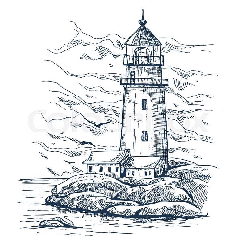 800x800 Lighthouse On Island With Rocks Sketch. Lighthouse Keeper House Or - Island Sketch
