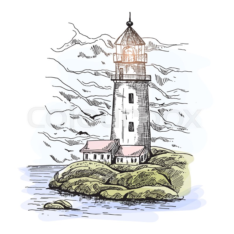 800x800 Sketch Of Lighthouse On Island With Rocks. Warehouse Building Or - Island Sketch
