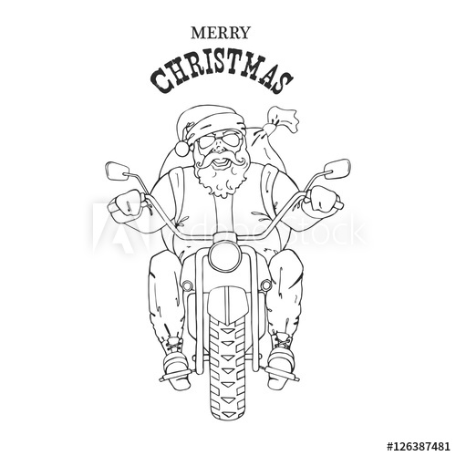 500x500 Illustration Of Santa Claus On A Motorcycle With A Backpack Of - Isolation Sketch