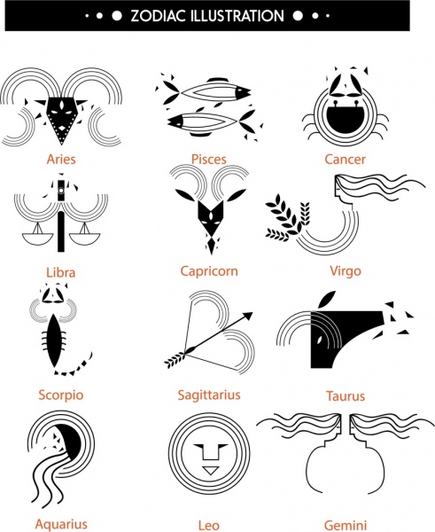 491x600 Zodiac Icons Collection Black White Sketch Isolation Free Vector - Isolation Sketch
