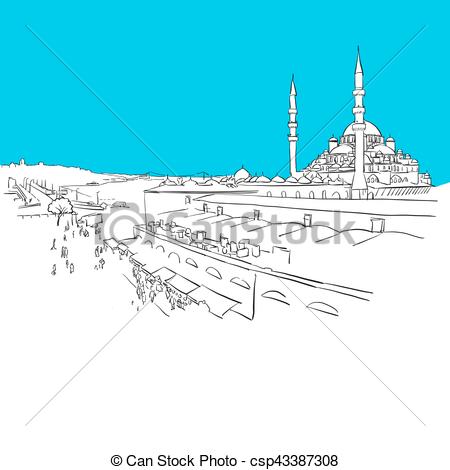 450x470 Istanbul Panorama Drawing, Blue Series, Hand Drawn Vector Artwork. - Istanbul Sketch