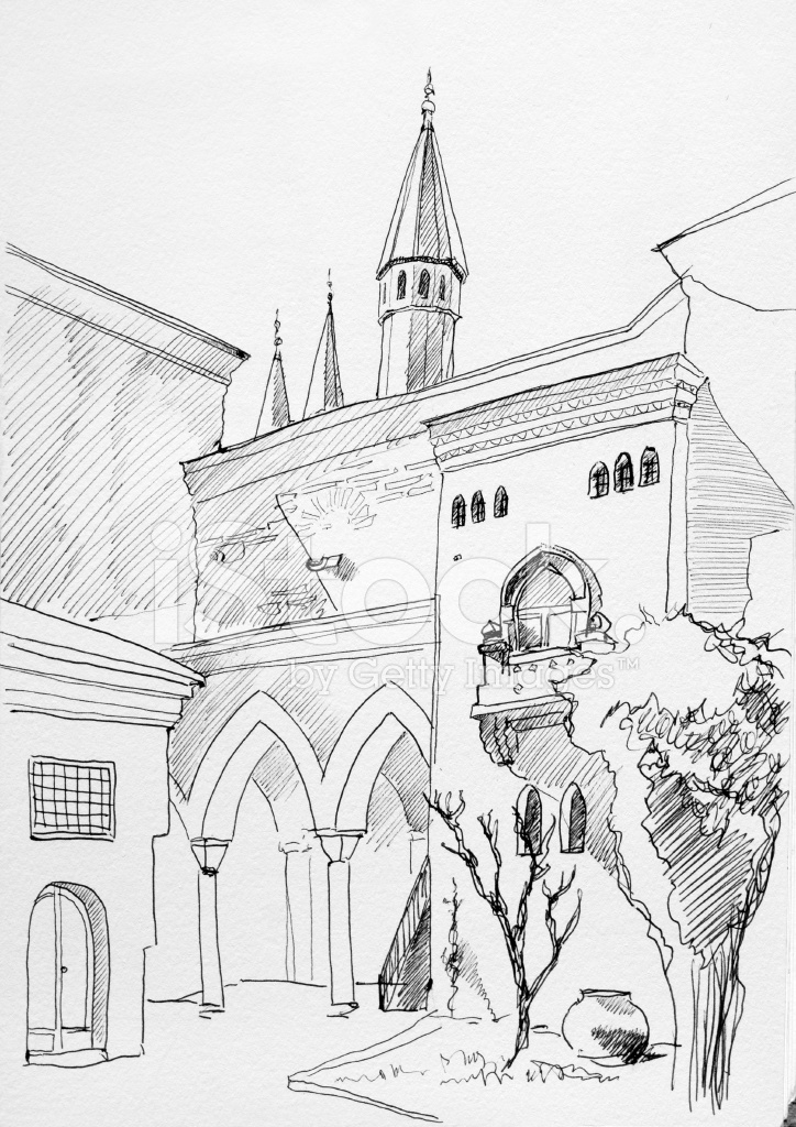 724x1024 Sketch Of Istanbul Topkapi Museum Inner Yard Stock Photos - Istanbul Sketch