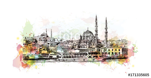 500x261 Watercolor Sketch Of Blue Mosque Istanbul Turkey In Vector - Istanbul Sketch