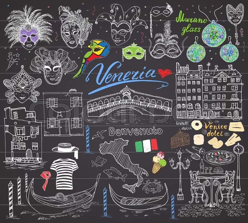 800x719 Venice Italy Sketch Elements. Hand Drawn Set With Flag, Map - Italy Sketch