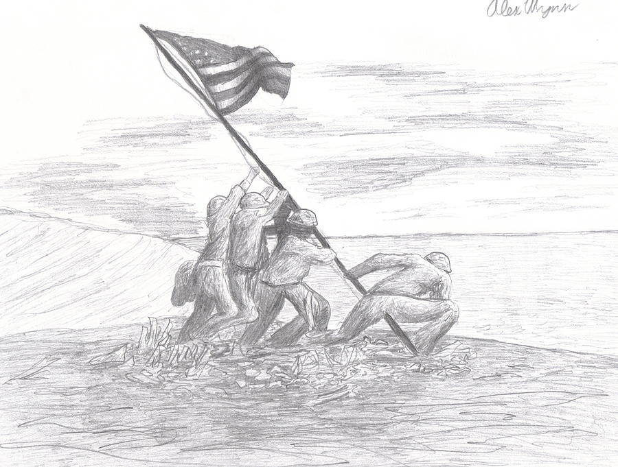 900x681 Iwo Jima Flag Raisers Drawing By Alex Wynn - Iwo Jima Sketch