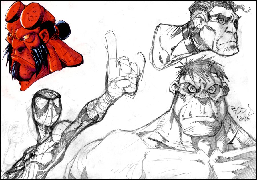 900x629 Sketch2 Spidey, Hulk, Hellboy By Red J - J Sketch