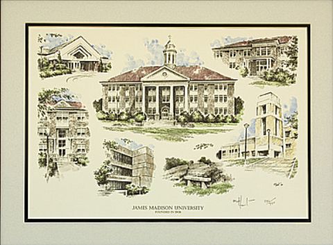 480x353 James Madison University Campus Composite Art Print - James Madison Sketch