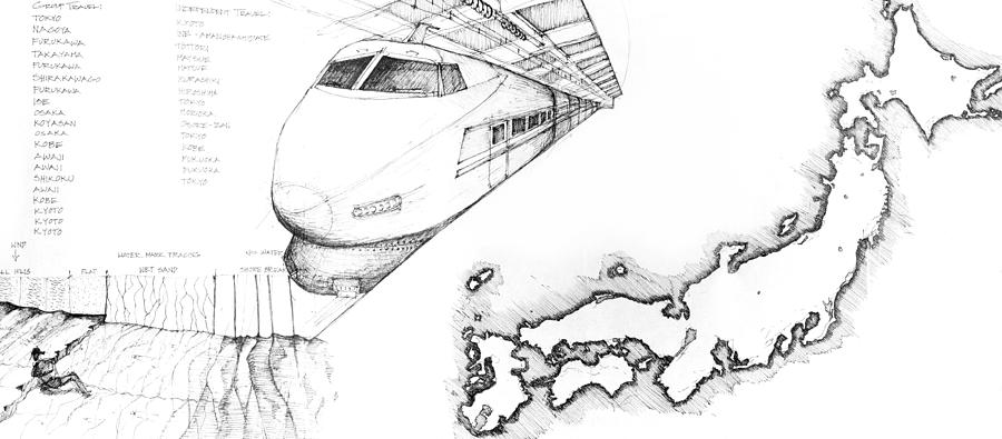 900x395 5.1.japan Map Of Country With Bullet Train Drawing By Charlie Szoradi - Japan Map Sketch