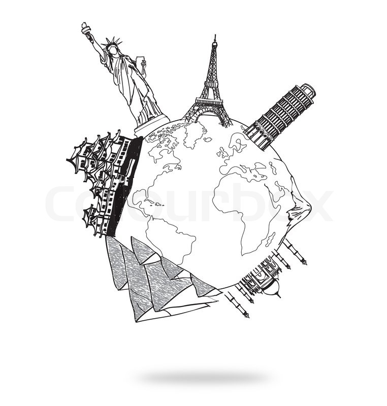 762x800 Drawing Travel Around The World Japan,france,italy,new York,india - Japan Map Sketch