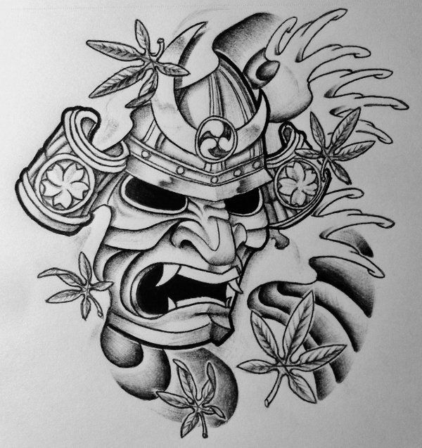 600x637 Samurai Mask Tattoos Samurai Mask And Japanese Maple By - Japan Tattoo Sketch