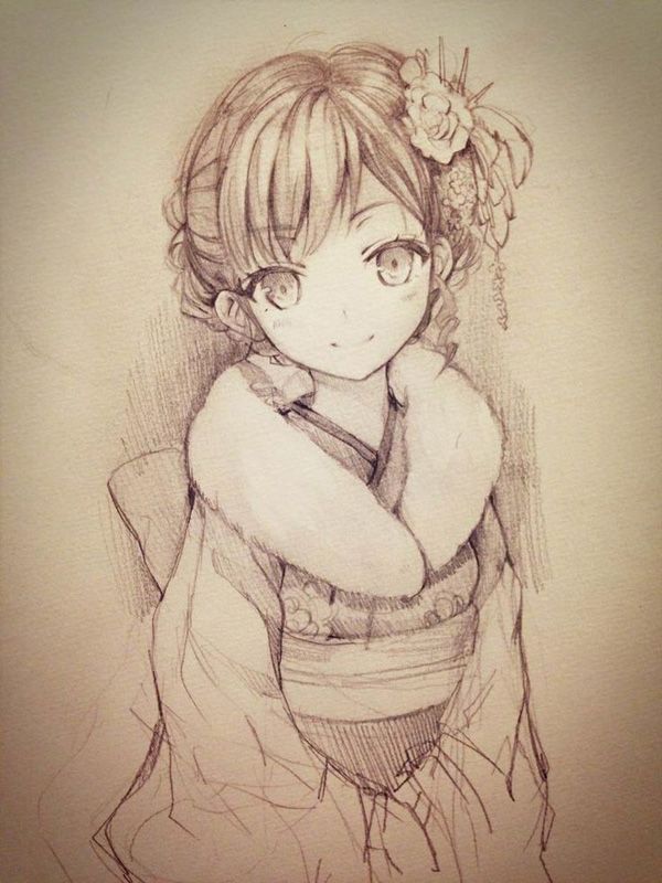 600x800 Elegant Kimono Japanese Anime Style Drawing Of Young Girl With - Japanese Anime Sketches