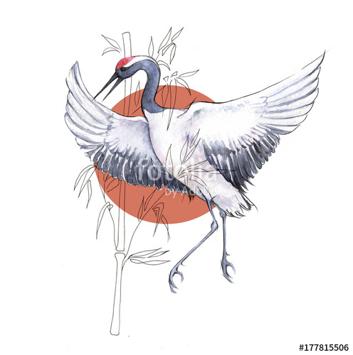 496x500 Hand Drawn Watercolor Illustration. Tattoo Sketch Template With - Japanese Crane Sketch