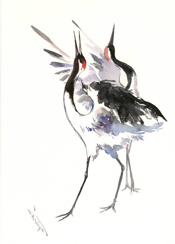 570x797 Japanese Crane Artwork Painting Two Cranes Original Etsy - Japanese Crane Sketch