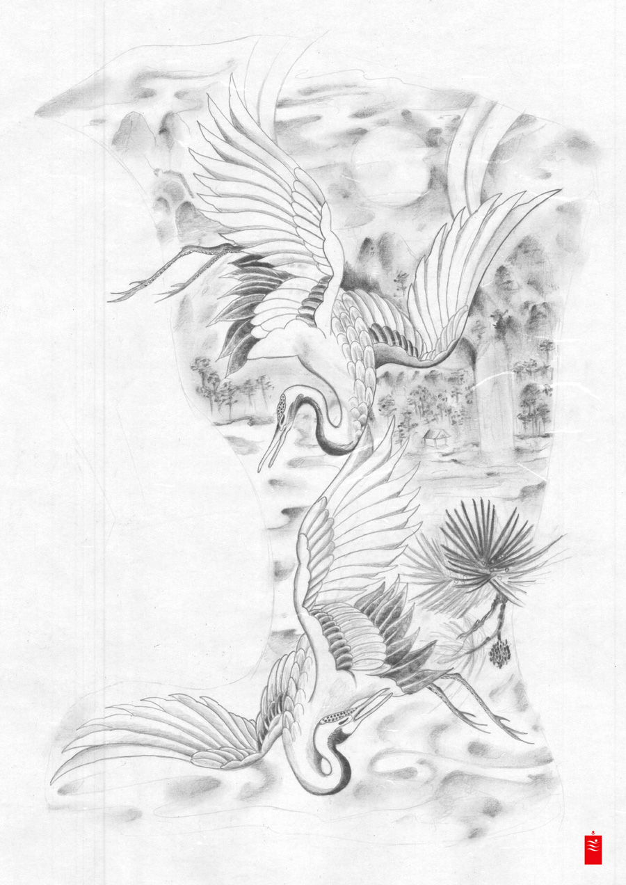 900x1272 Japanese Cranes Dance Yoso Tattoo - Japanese Crane Sketch