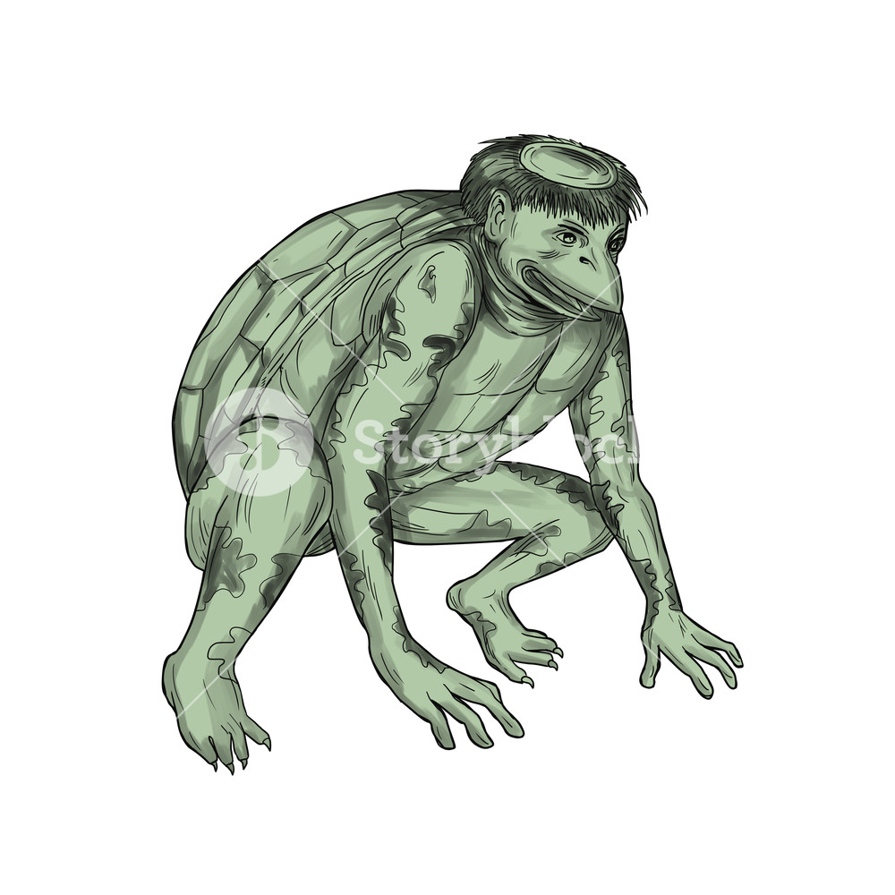 1000x1000 Tattoo Style Illustration Of A Kappa, Kawataro, Komahiki, Or - Japanese Demon Sketch