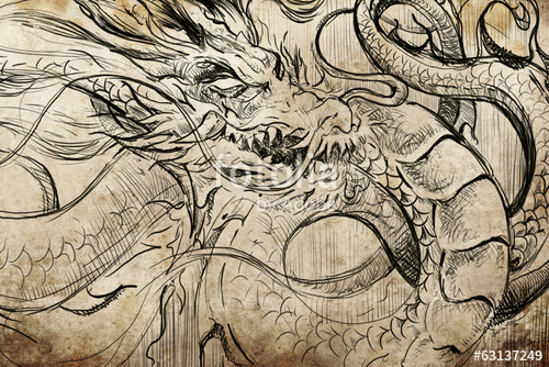500x334 Japanese Dragon Tattoo Sketch, Handmade Design Over Vintage Pape - Japanese Dragon Tattoo Sketch