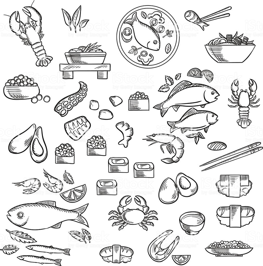 900x911 Download Seafood Sketch Clipart Fish Soup Sushi Japanese Cuisine - Japanese Fish Sketch