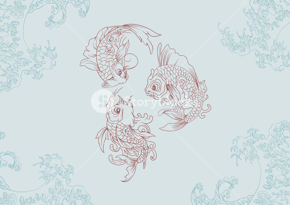 1000x707 Vector Japanese Background With Koi Fish Royalty Free Stock Image - Japanese Fish Sketch