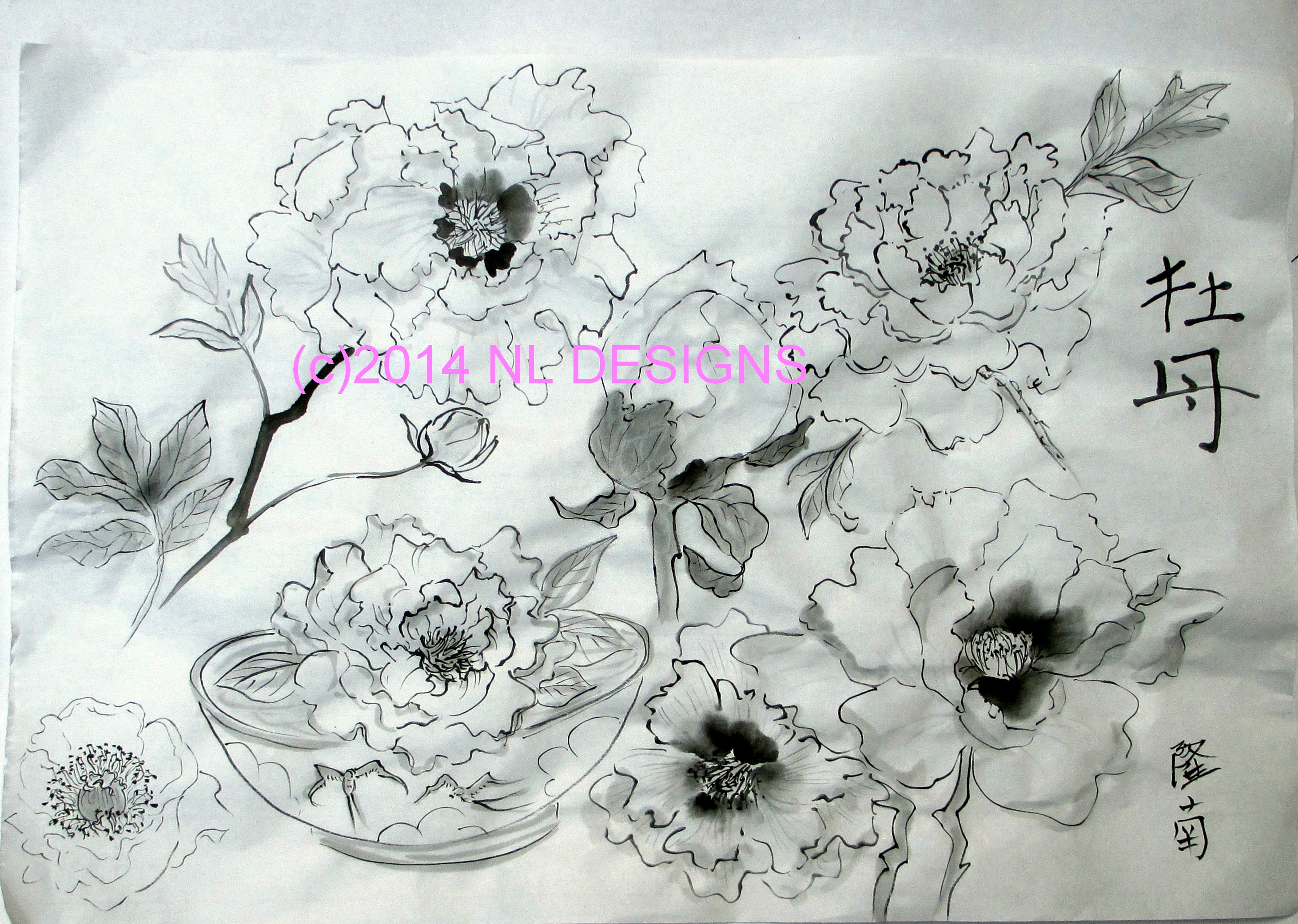 2922x2080 Peony Flowers Japanese Brush Painting Instructions - Japanese Flower Sketch