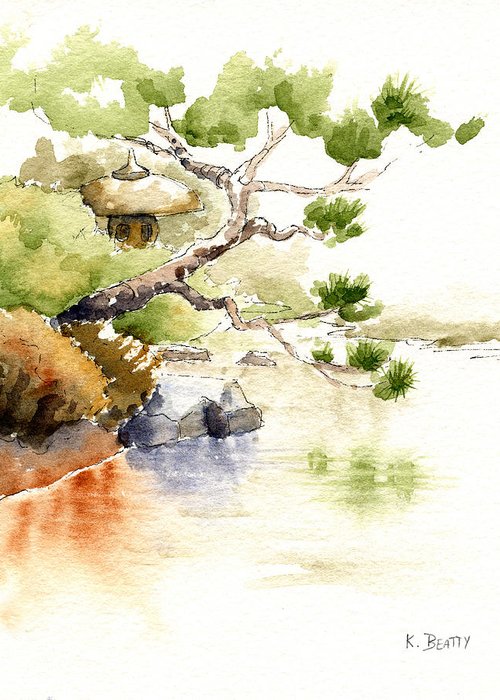 500x700 Japanese Garden Pond Sketch Greeting Card For Sale By Karla Beatty - Japanese Garden Sketch