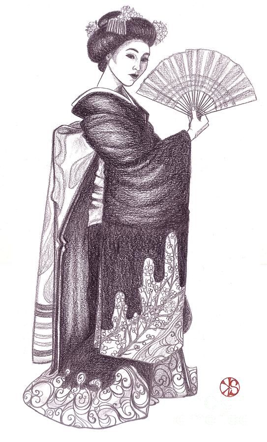 543x900 Geisha With Fan Drawing Japan Geisha, Drawings And - Japanese Geisha Sketch