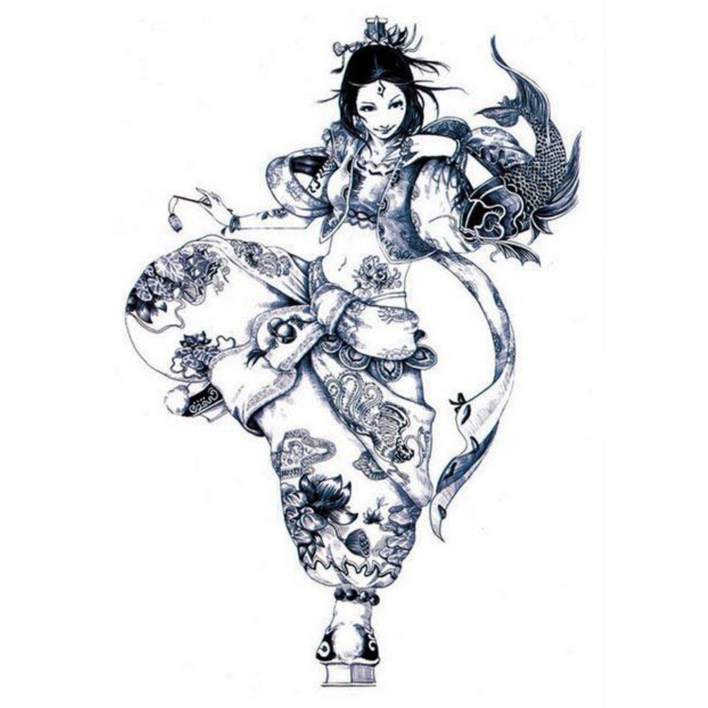 1024x1024 Temporary Tattoo Asian Japanese Girl 2 - Japanese Girl Sketch