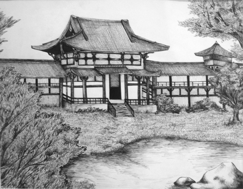 846x659 The Japanese Temple By Eychanchan - Japanese House Sketch