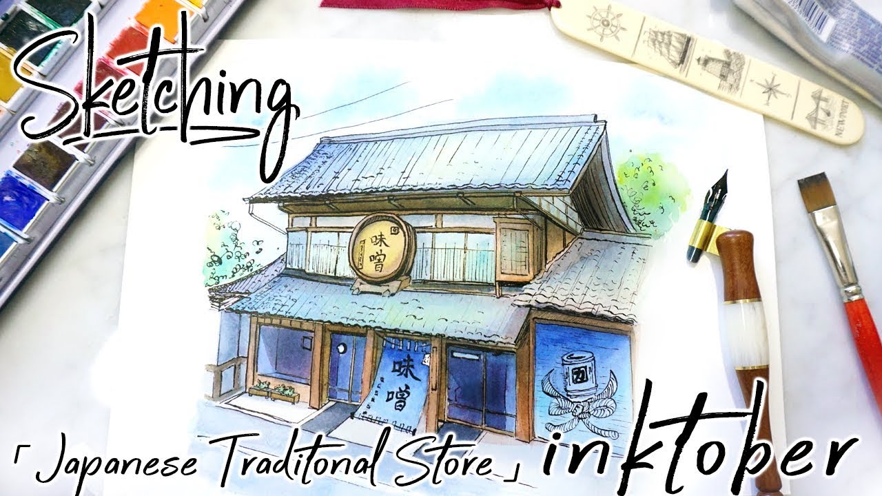 1280x720 Inktober Watercolor - Japanese House Sketch