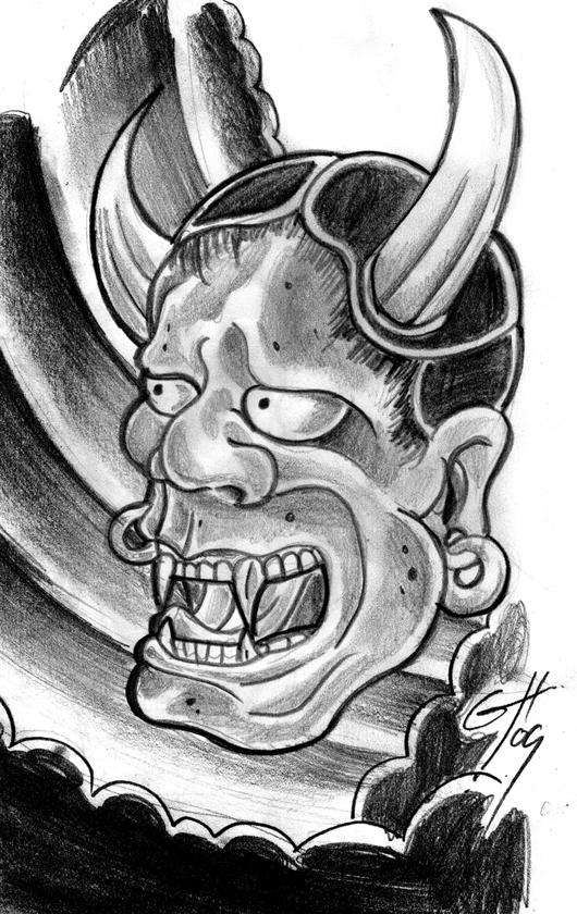 530x840 Japanese Devil Mask Sketch By Themacrat - Japanese Mask Sketch