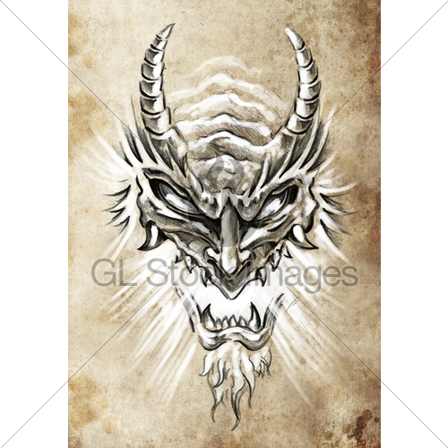 500x500 Tattoo Art, Sketch Of A Japanese Monster Mask Gl Stock Images - Japanese Mask Sketch