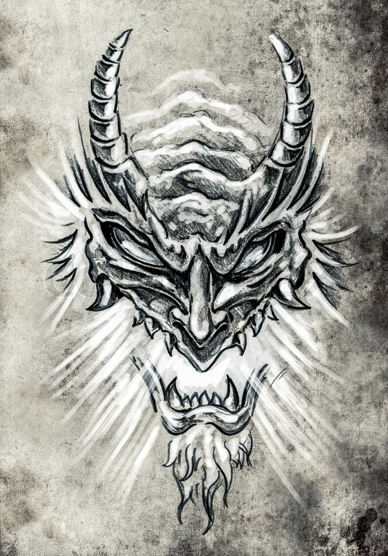 558x800 Tattoo Art, Sketch Of A Japanese Monster Mask Stock Photo - Japanese Mask Sketch