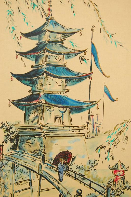 514x768 Japanese Mixed Media Pagoda Painting On Linen Panel - Japanese Pagoda Sketch