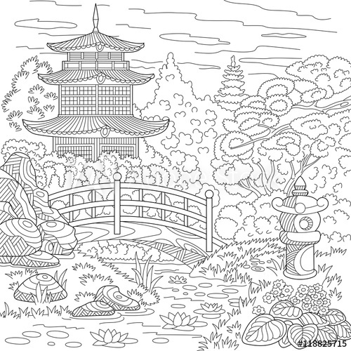500x500 Stylized Oriental Temple - Japanese Pagoda Sketch