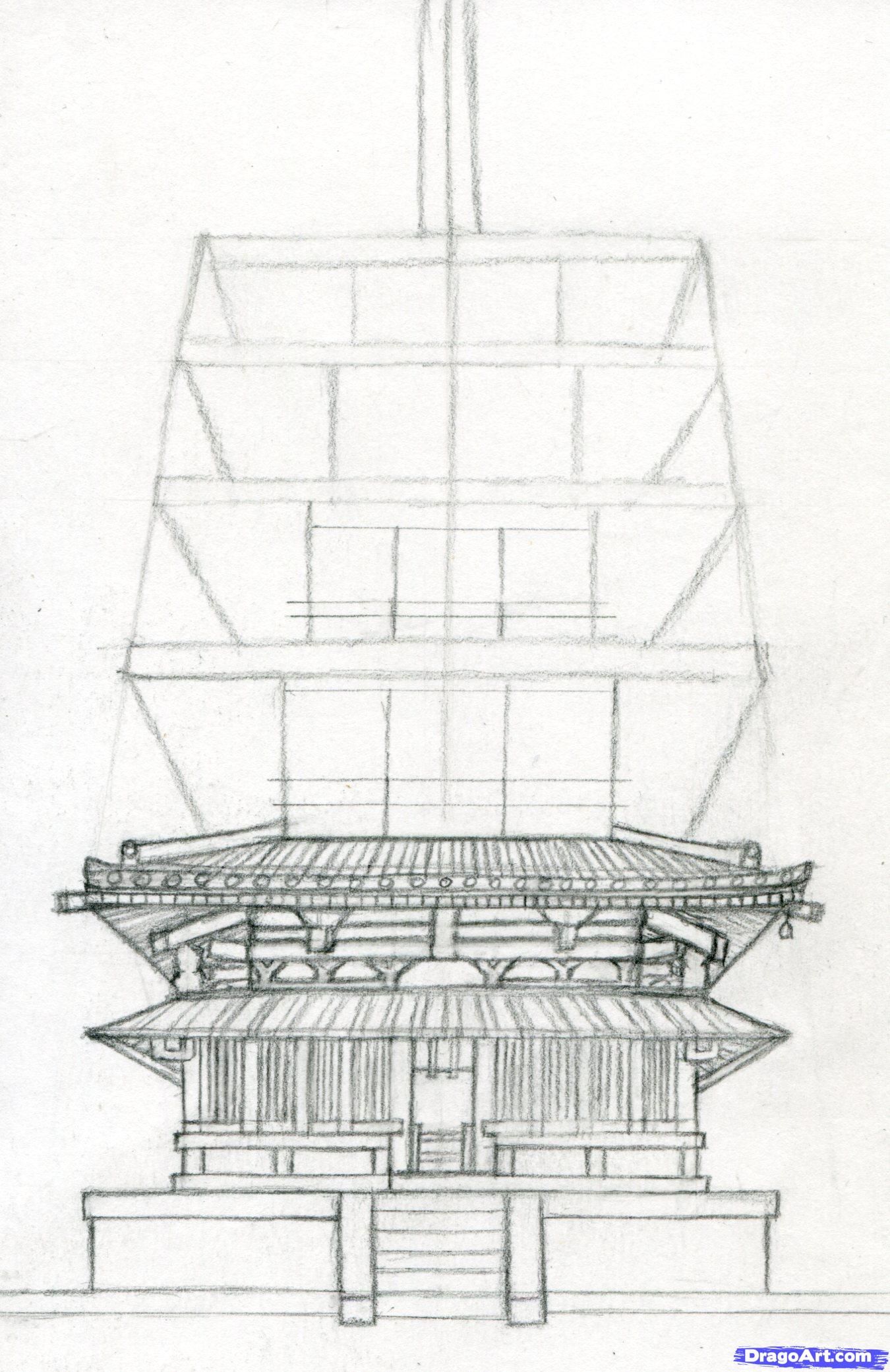 1350x2082 How To Draw A Pagoda, Japanese Pagoda Step 9 Towers - Japanese Pagoda Sketch